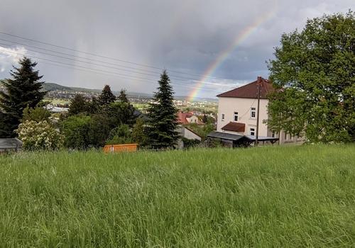 Blick vom Feld aufs Grundstück