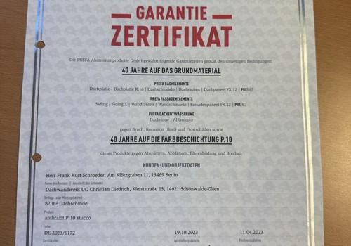 Garantie 40 Jahre PREFA Dach