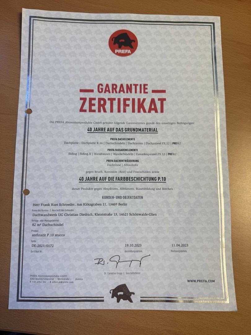 Garantie 40 Jahre PREFA Dach