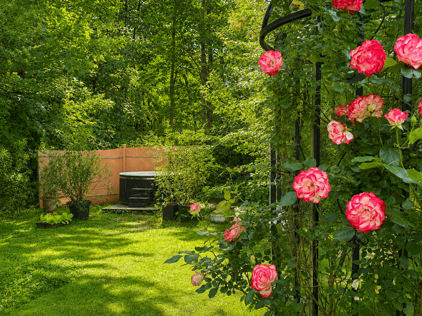 Blühende Rosen im Gartenparadies