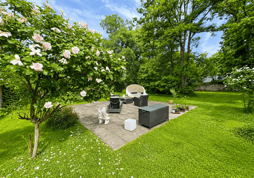 Sonniger Gartenpatio mit blühenden Rosen
