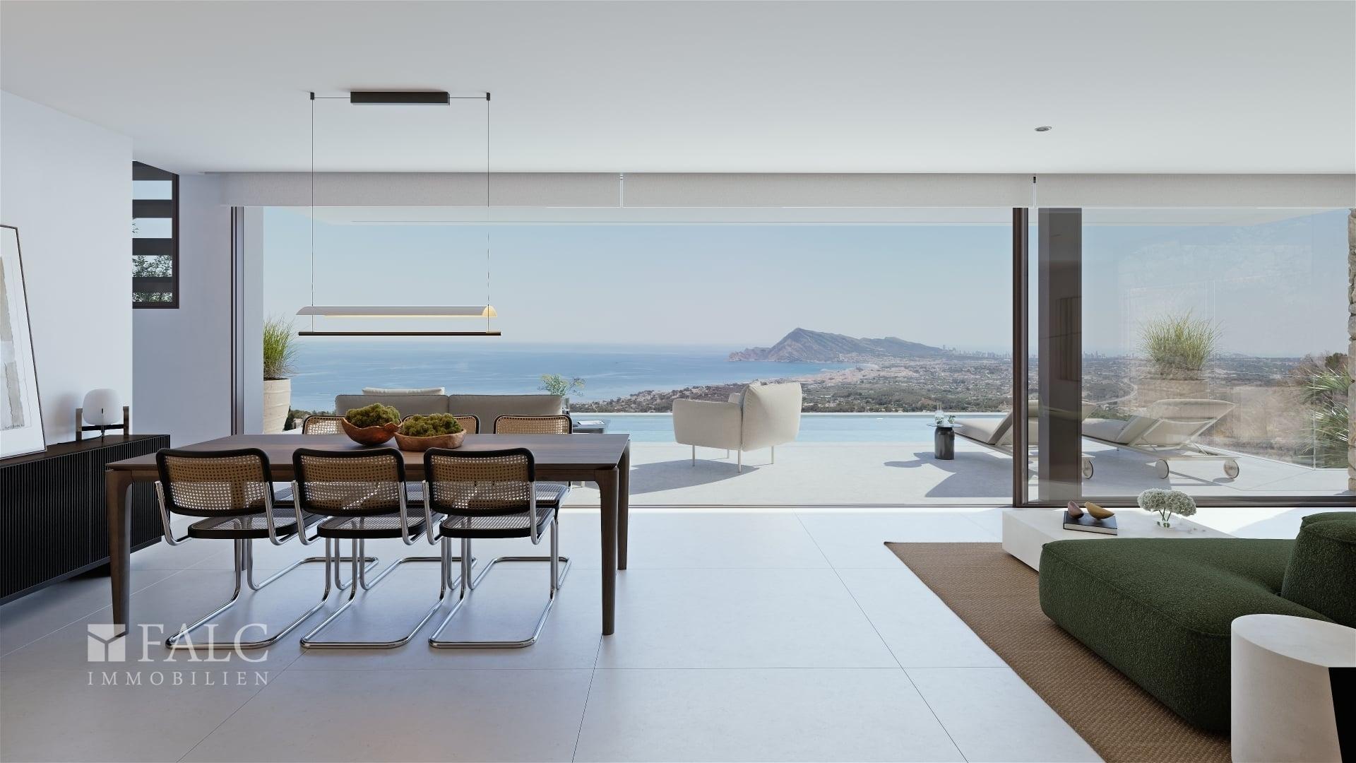 Wohnzimmer mit spektakulärem Blick über Meer, Ferne, Berge