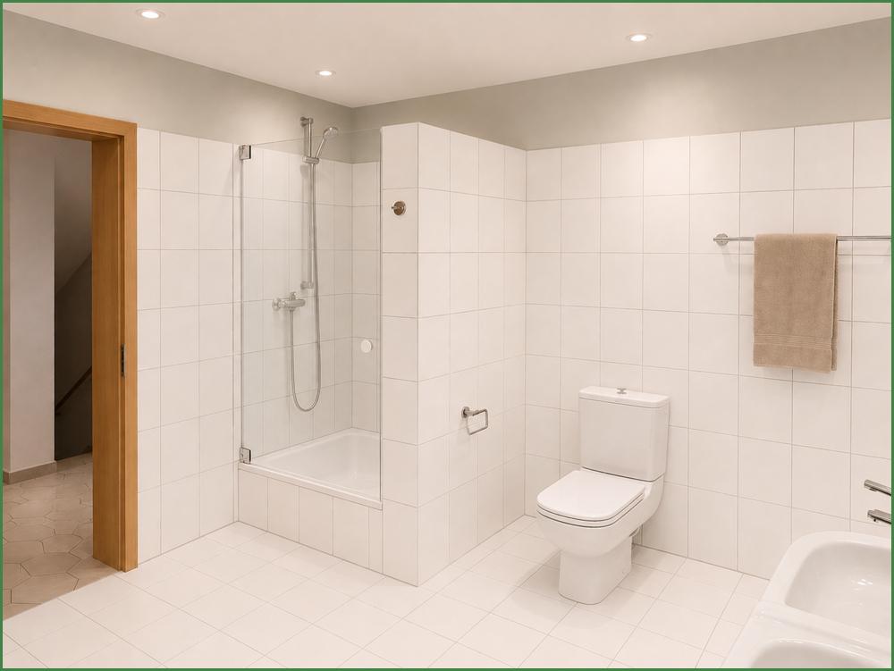 Badezimmer nach dem Austausch mit weißer Dusche und WC