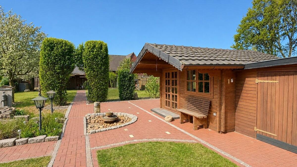 Gartenhaus und Wasserspiel