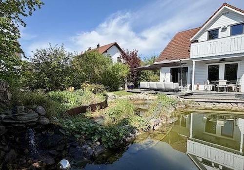 Blick über Teich auf Terrasse
