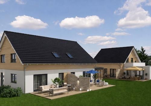 MFH mit DG Holzverschalung  / MFH mit Anbau/Dachterrasse  im Hintergrund