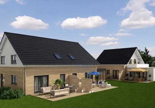 MFH mit EG Holzverschalung  / MFH mit Anbau /Dachterrasse im Hintergrund