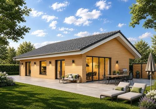 Bungalow mit Holzfassade und Kastengesimms