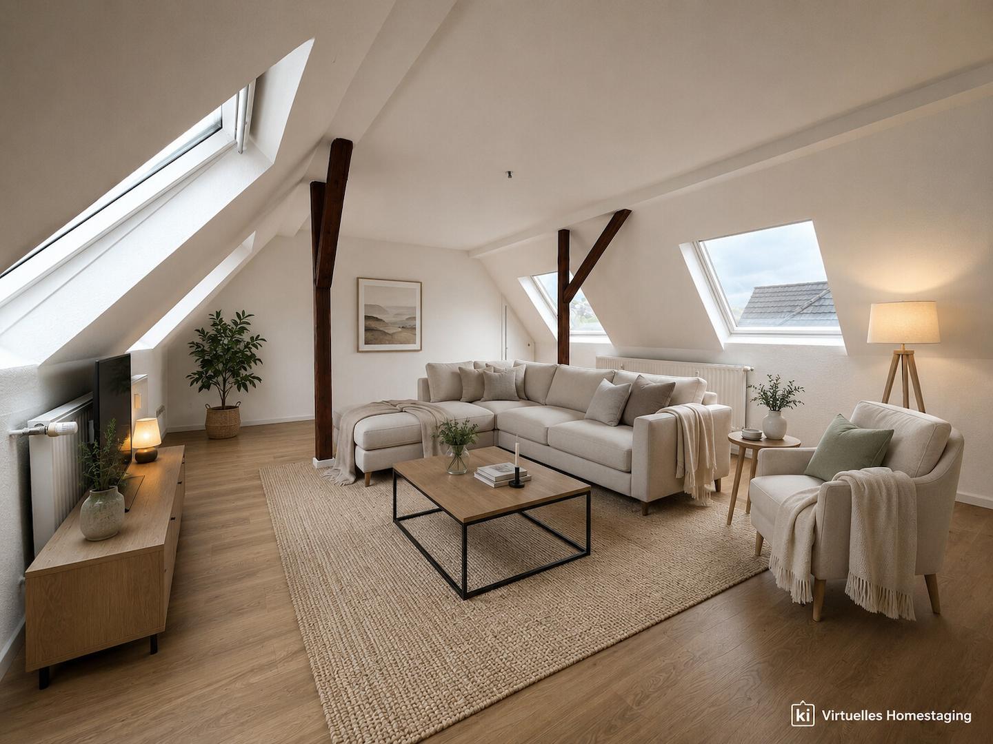 Wohnzimmer virtuell eingerichtet (KI)