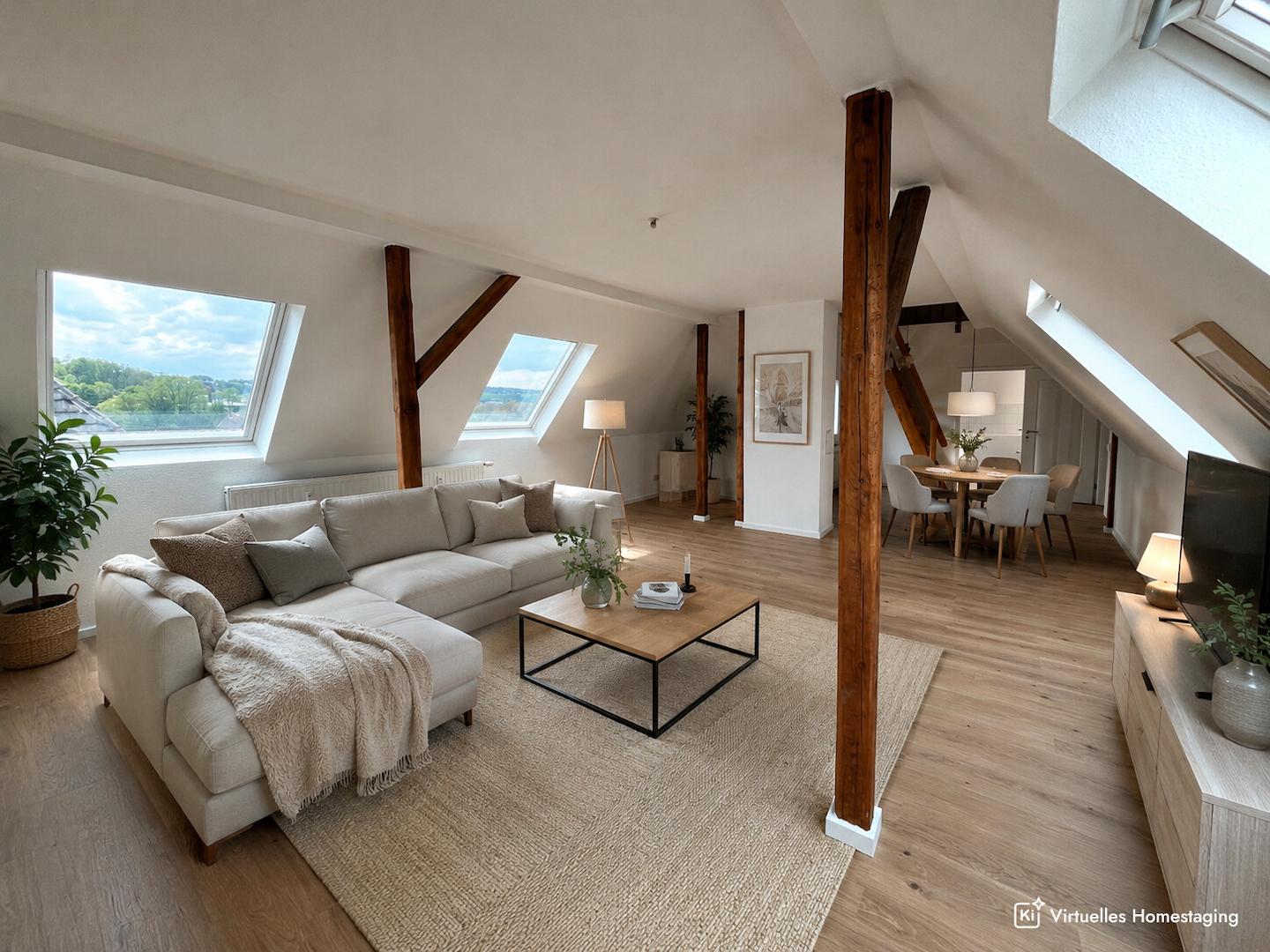 Wohnzimmer virtuell eingerichtet (KI)
