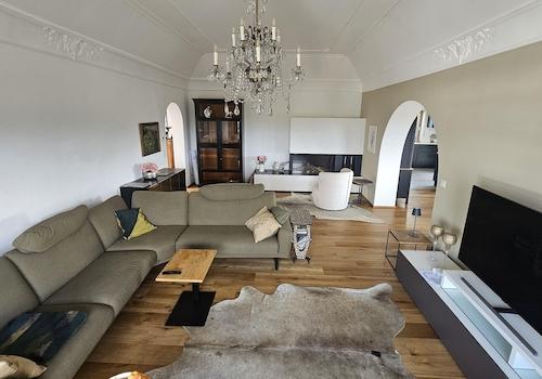 Wohnzimmer Blick auf Gas-Kamin