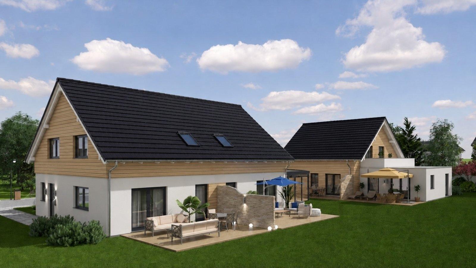 MFH mit DG Holzverschalung  / MFH mit Anbau/Dachterrasse  im Hintergrund