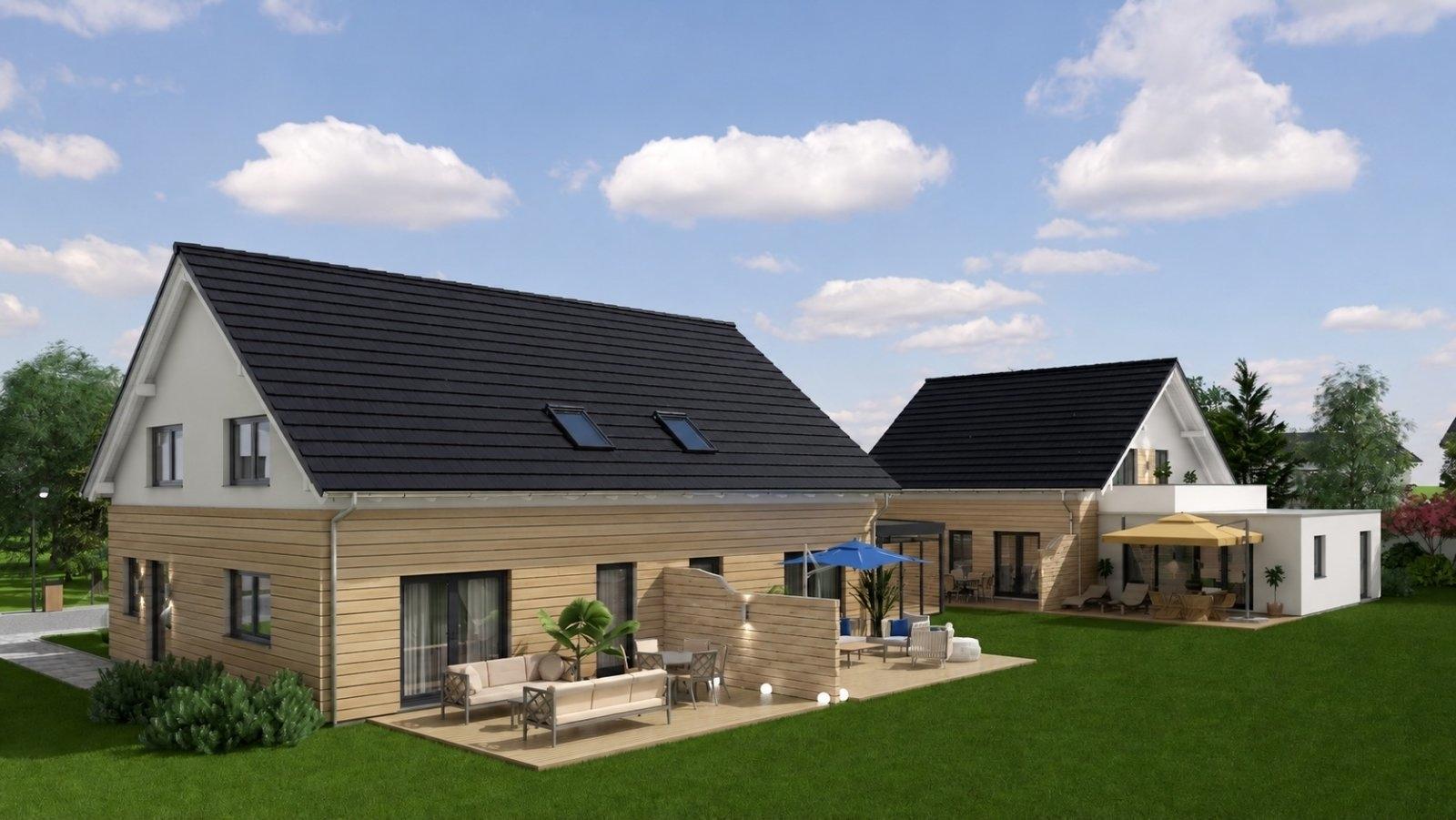 MFH mit EG Holzverschalung  / MFH mit Anbau /Dachterrasse im Hintergrund