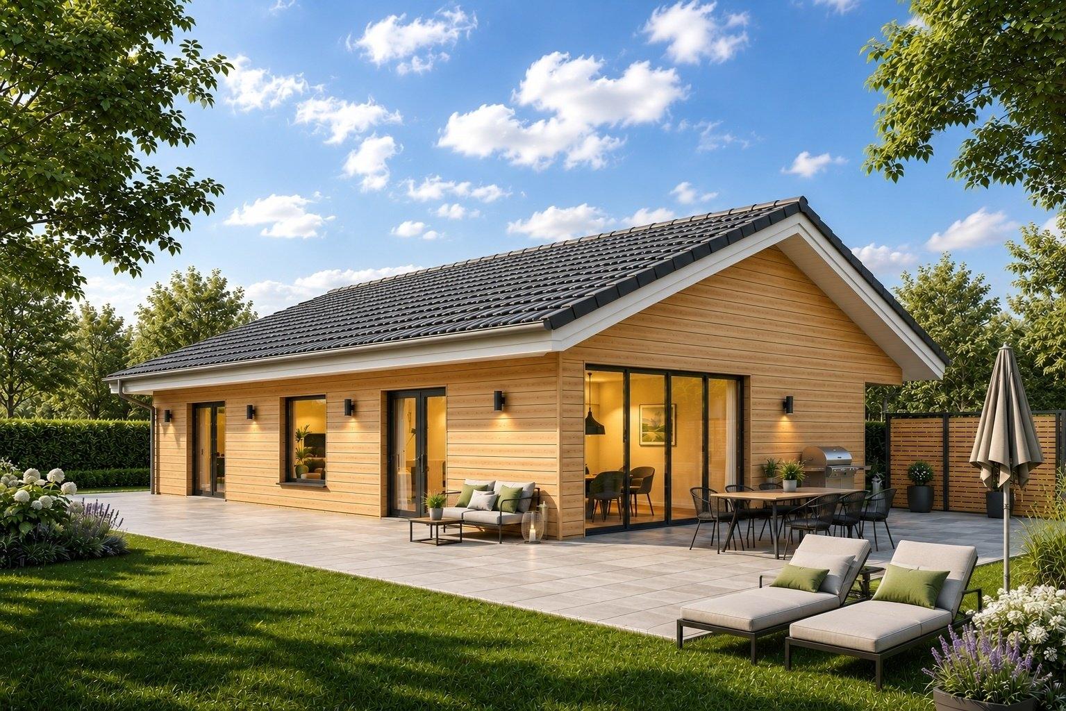 Bungalow mit Holzfassade und Kastengesimms