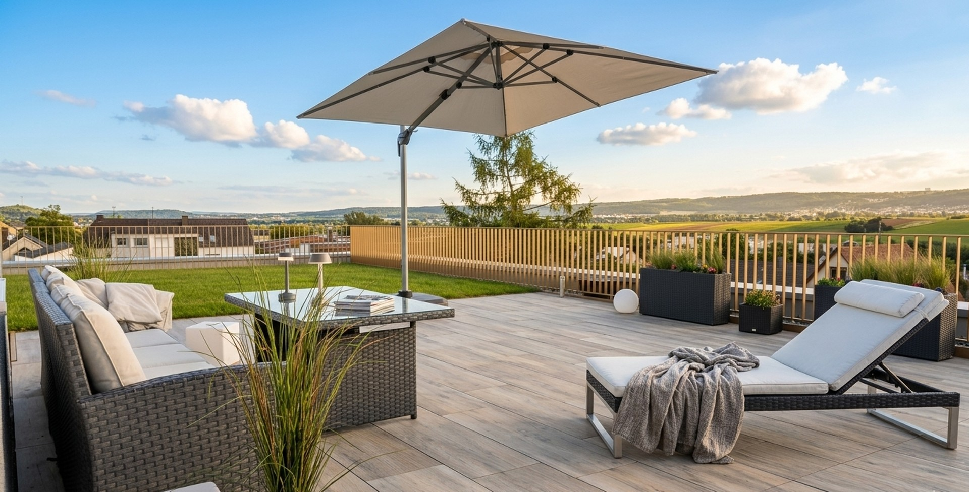 Riesige Terrasse mit Garten