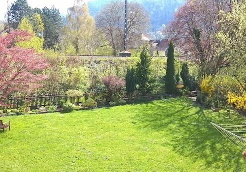 Blick vom Balkon auf Garten