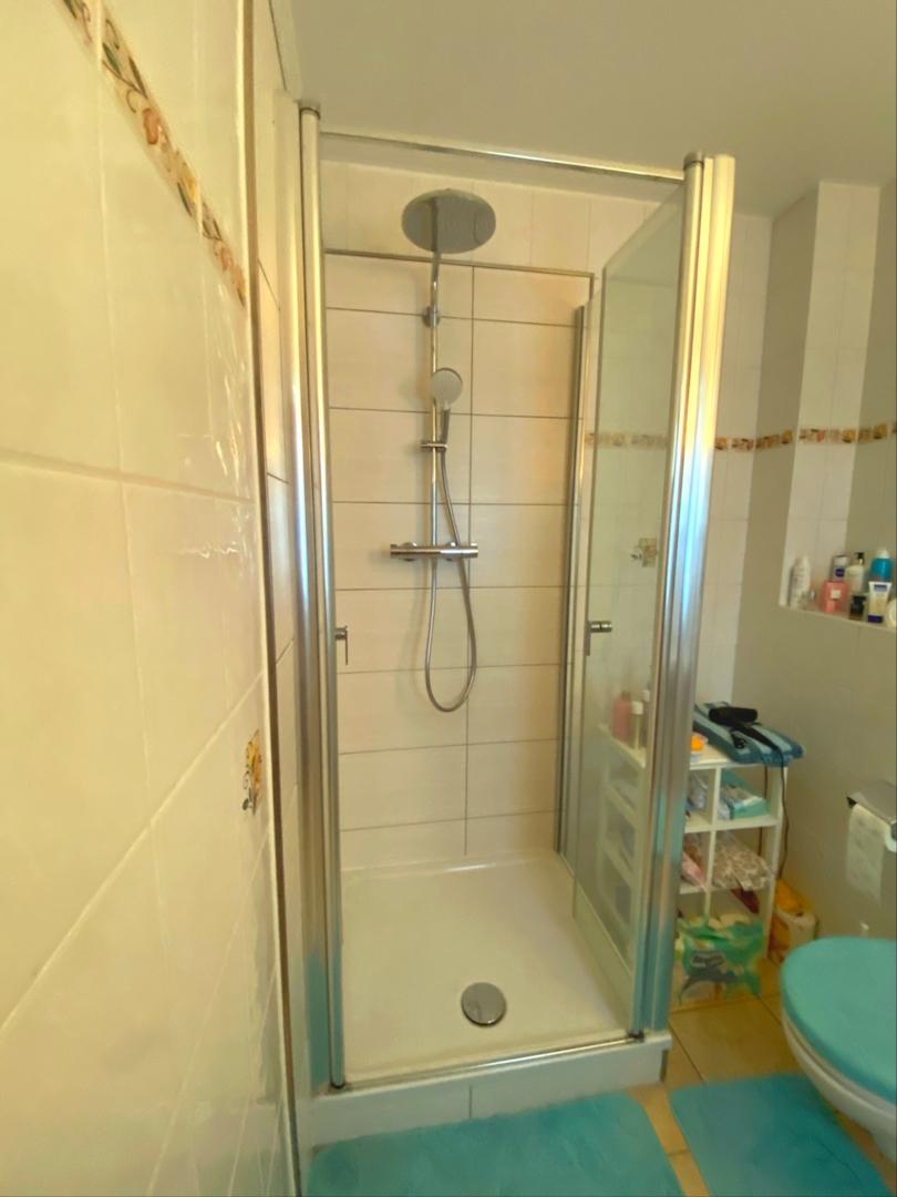 Dusche mit Toilette und Fenster im EG