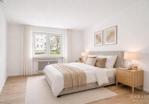 KI-Visualisierung Helles, modernes Schlafzimmer be