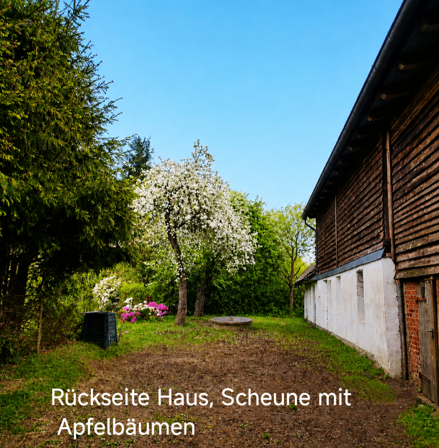 Rückseite Haus u. Scheune mit Apfelbäumen