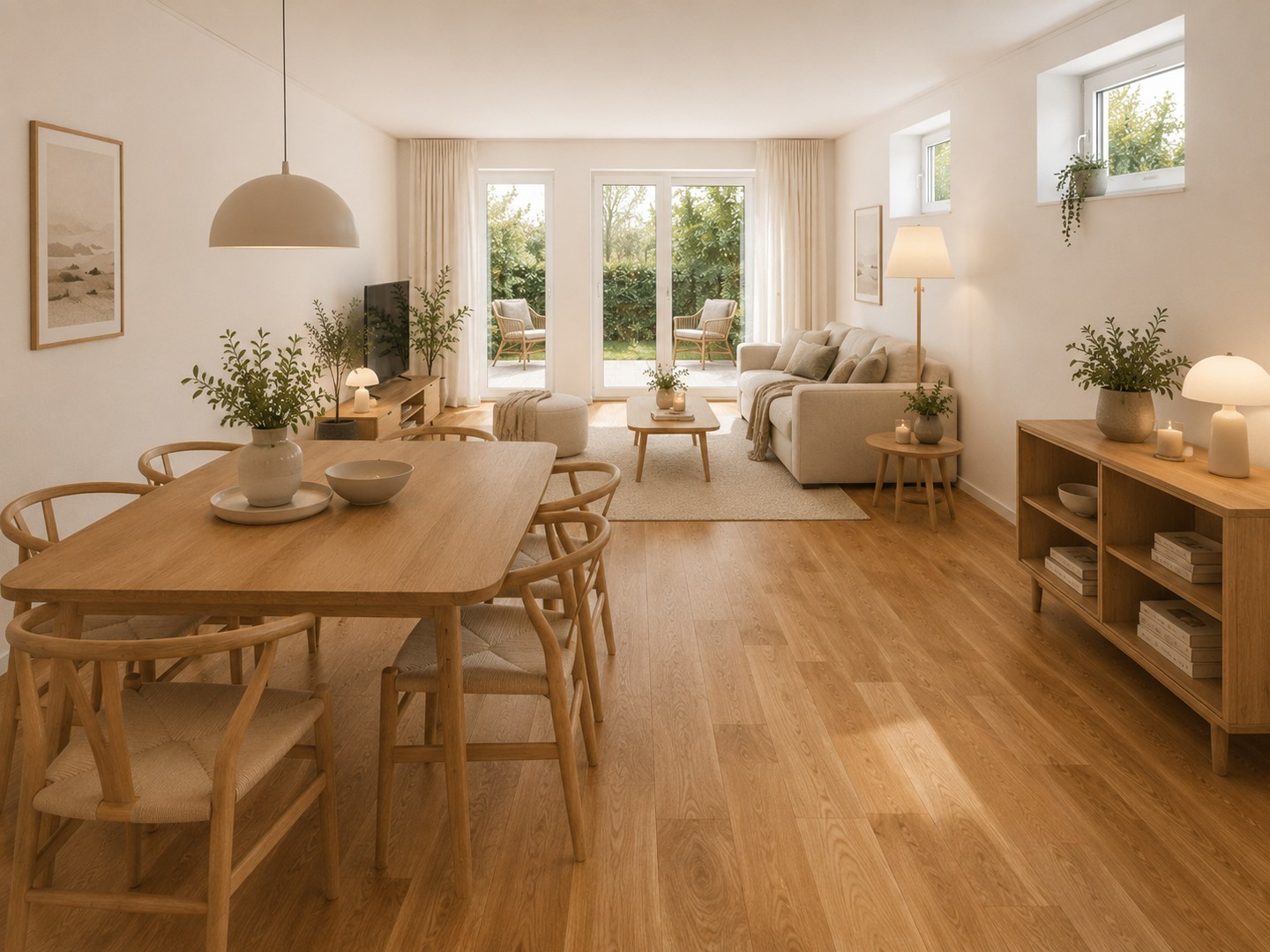 Wohn-Esszimmer mit Gartenblick
