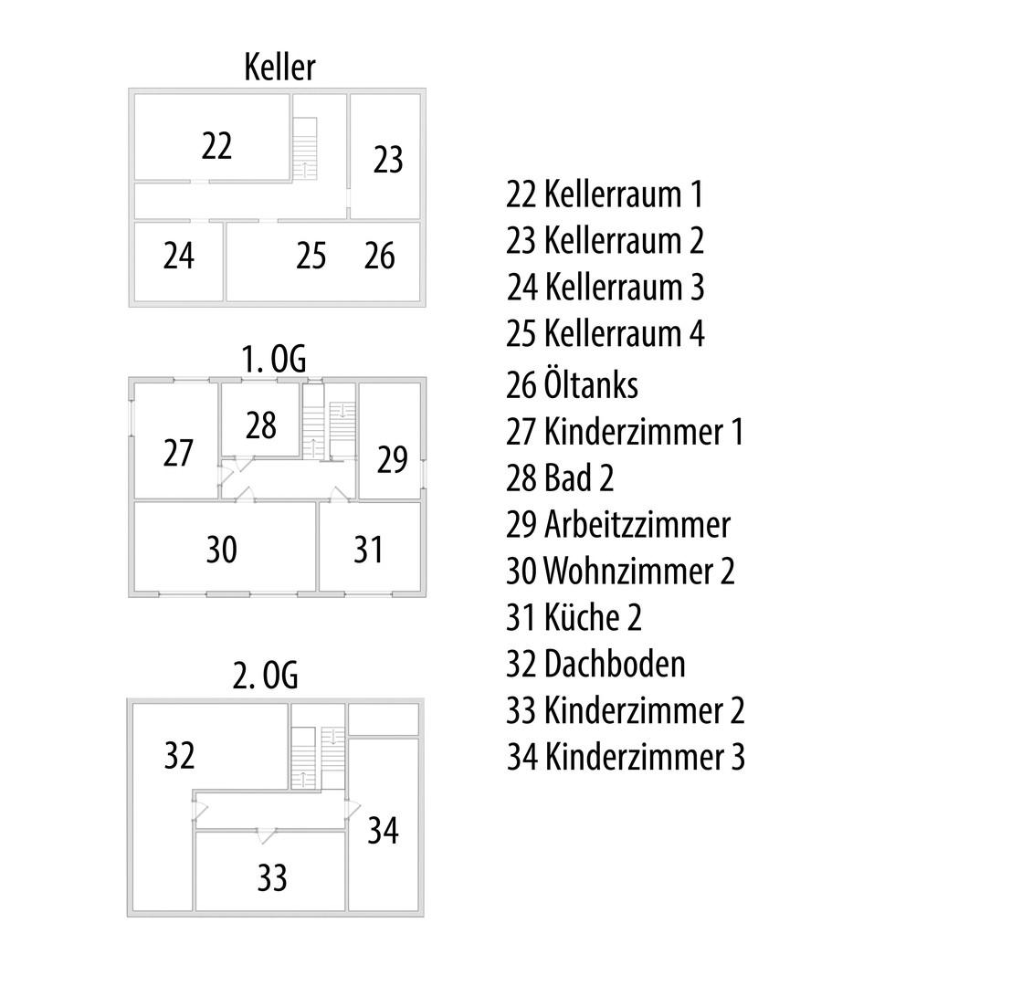 Grundriss OG1, OG2 und Keller