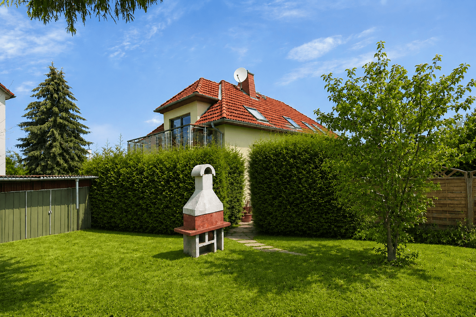 Blick vom Garten zum Haus