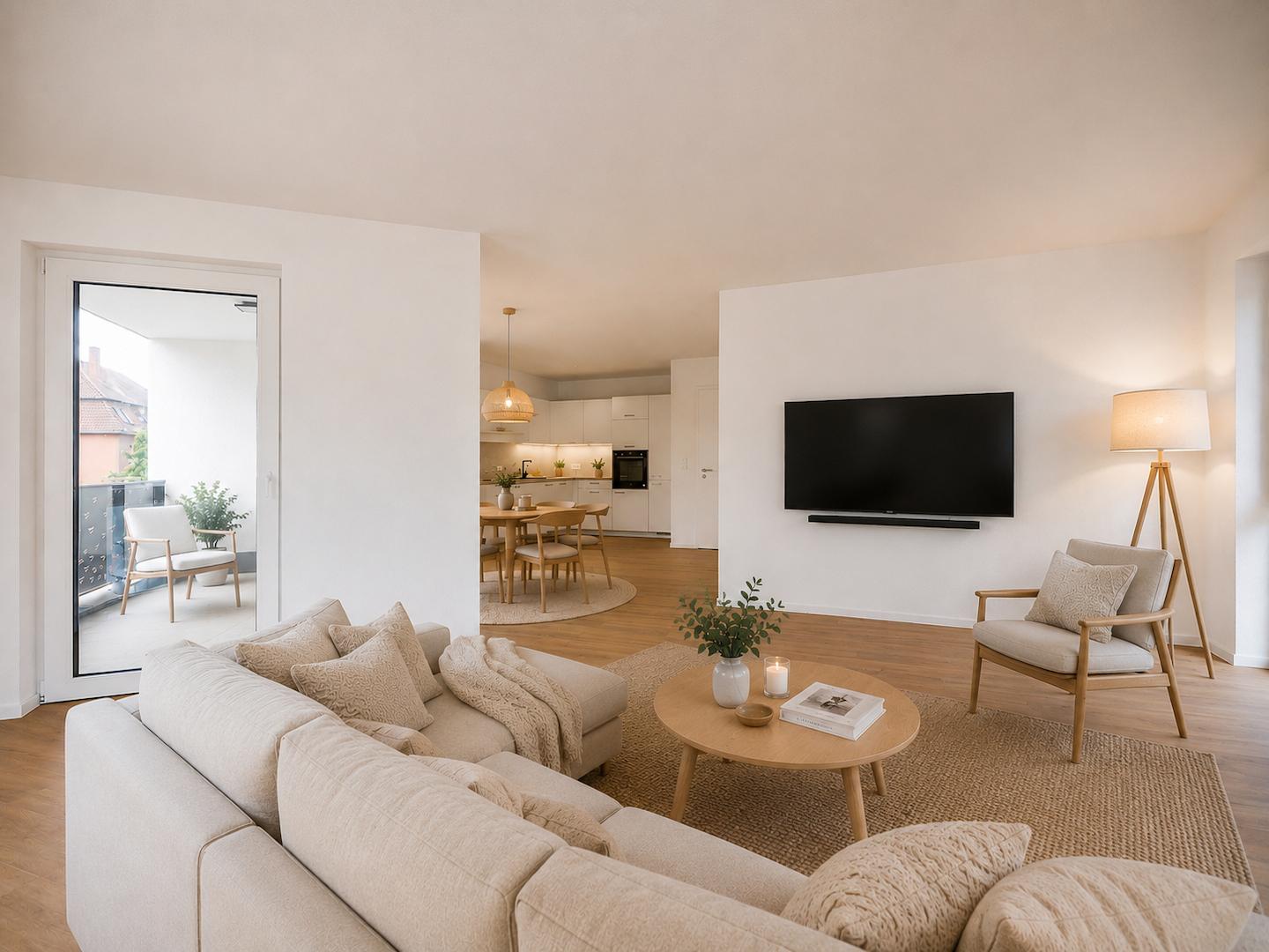 KI generiertes Einrichtungsbeispiel - Wohnzimmer mit Blickrichtung Küche