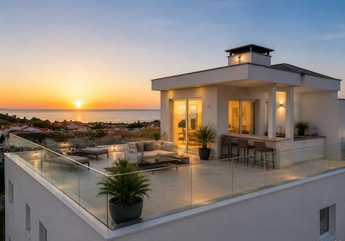 Mögliche Gestaltung – Visualisierung - der Dachterrasse mit Roof Top und Penthouse - KI-Unterstützung