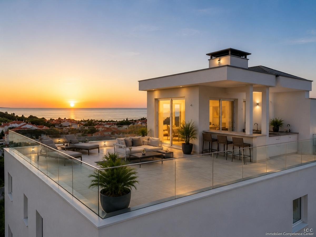 Mögliche Gestaltung – Visualisierung - der Dachterrasse mit Roof Top und Penthouse - KI-Unterstützung
