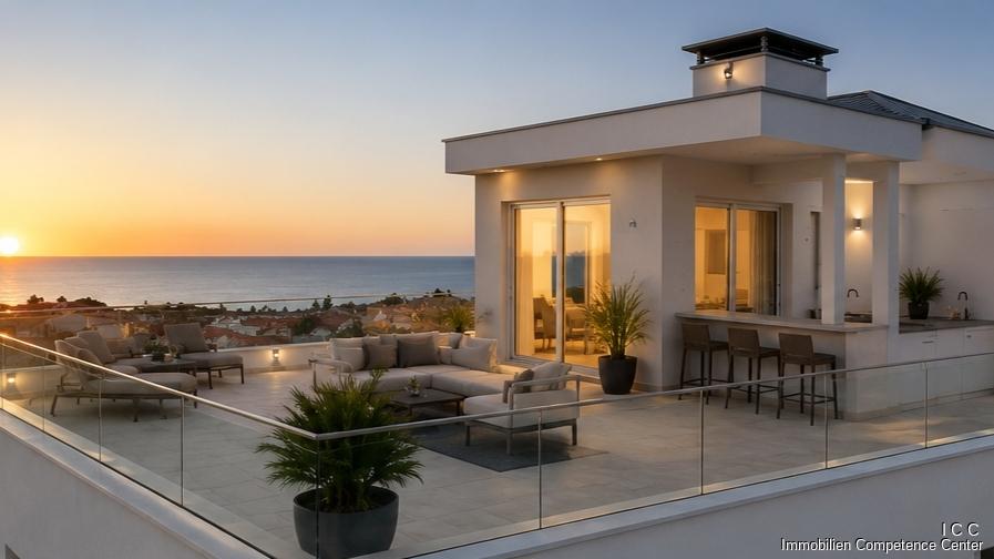 Mögliche Gestaltung – Visualisierung - der Dachterrasse mit Roof Top und Penthouse - KI-Unterstützung