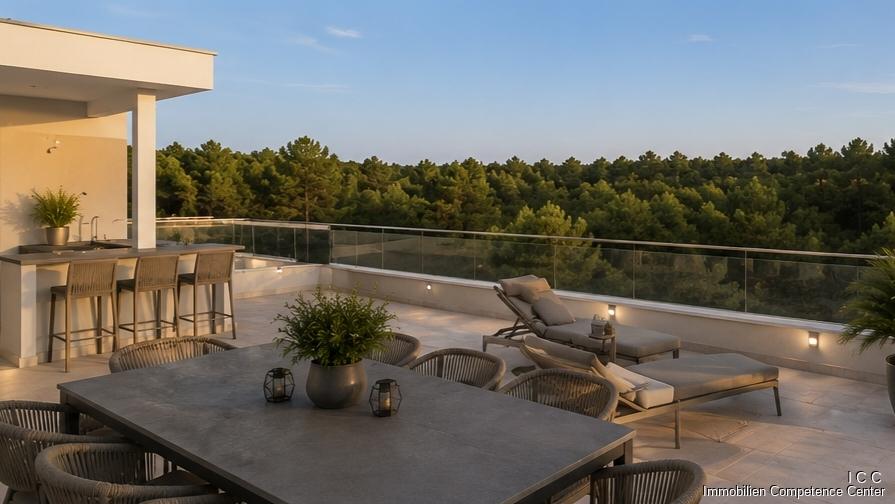 Mögliche Gestaltung – Visualisierung - der Dachterrasse mit Roof Top und Penthouse - KI-Unterstützung