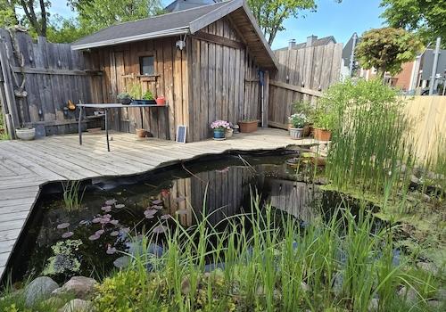 Terrasse, Gartenhaus, Teich