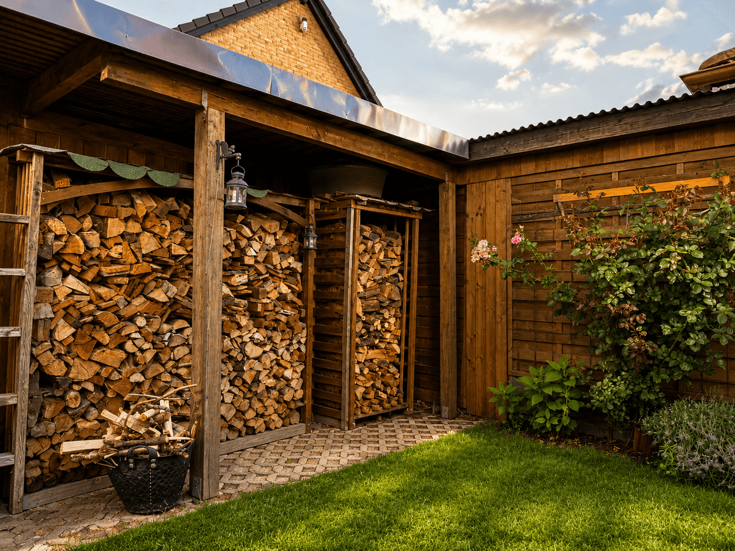 Garten mit Holzlager