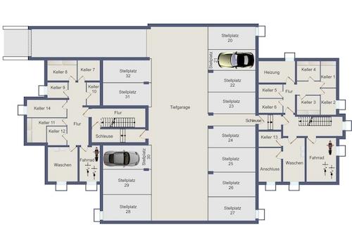 Grundriss Tiefgarage mit Keller in 2D
