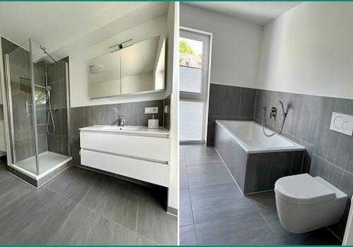 Modernes Badezimmer mit Fenster, Dusche, Badewanne und hochwertiger Verfliesung