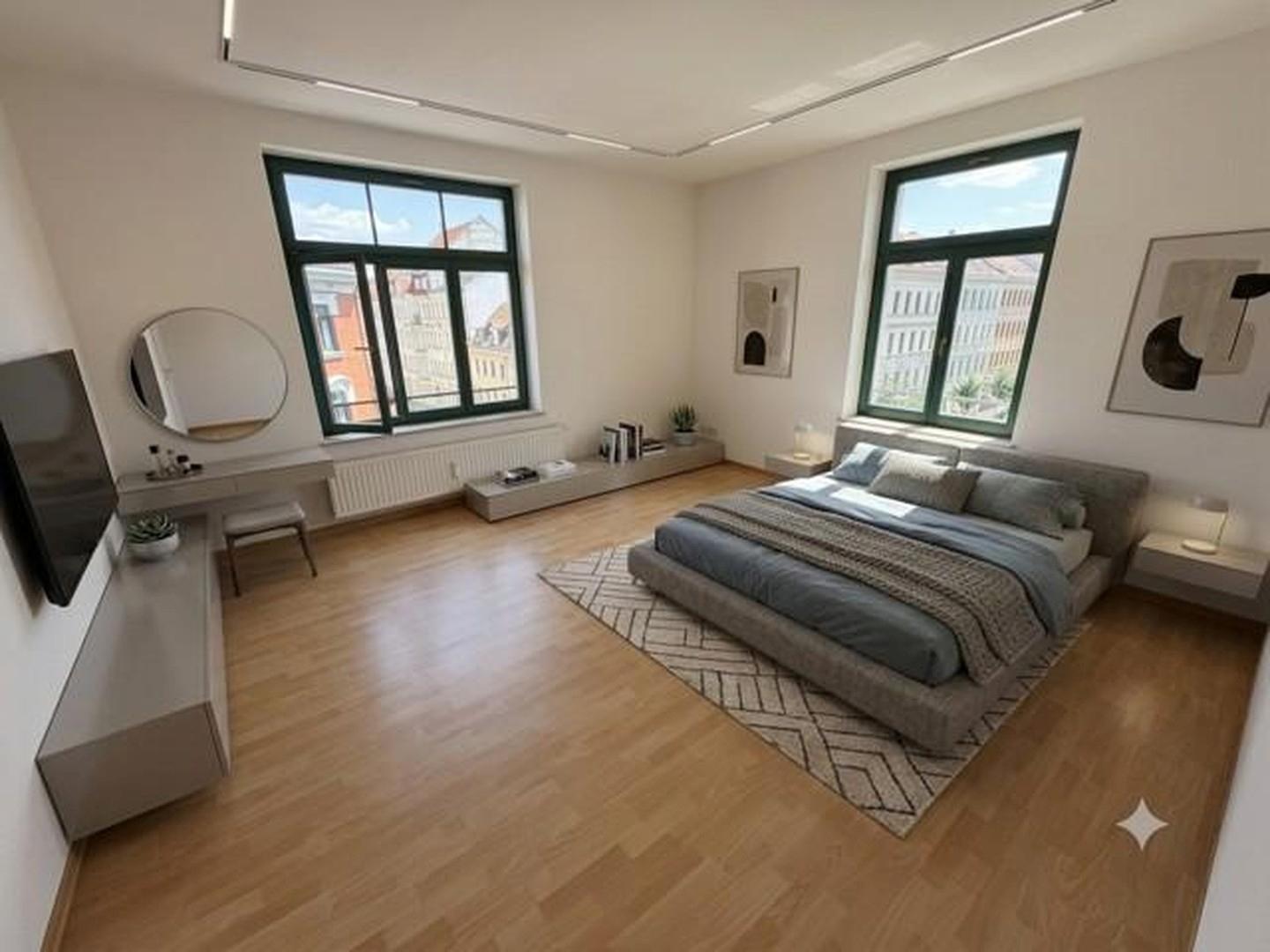 Schlafzimmer möbliert durch KI