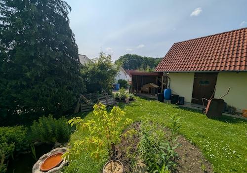 Blick auf Garage und Schuppen