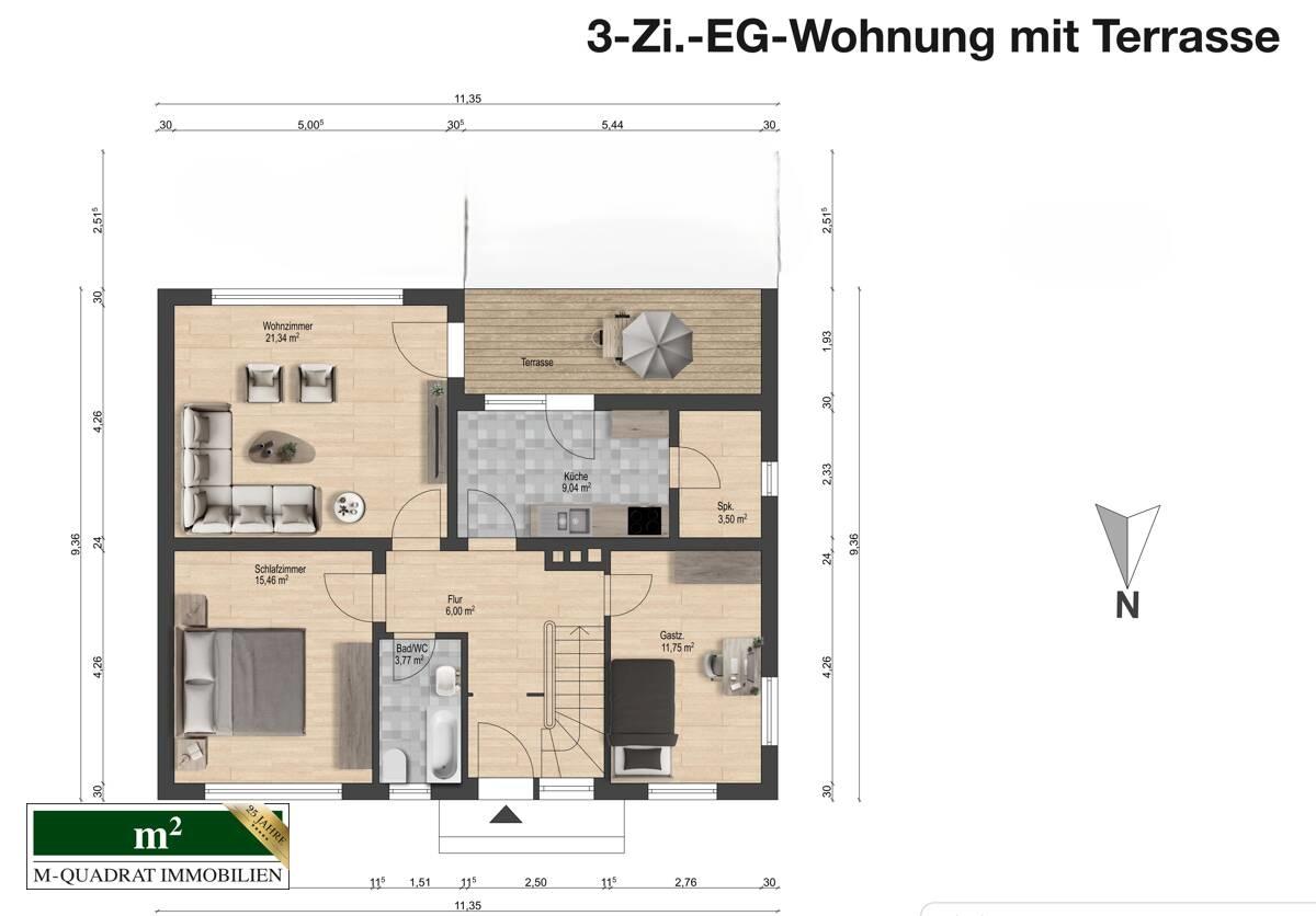 EG-Grundriss bemaßt u. optimiert - 3-Zi.-Wohnung