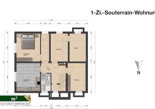 Grundriss bemaßt u. optimiert - 1-Zi.-Wohnung Souterrain
