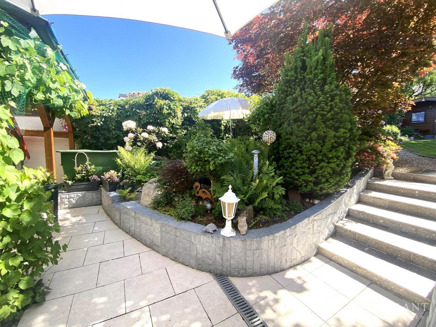 Blick auf das Gartenbeet mit dahinter liegendem Go