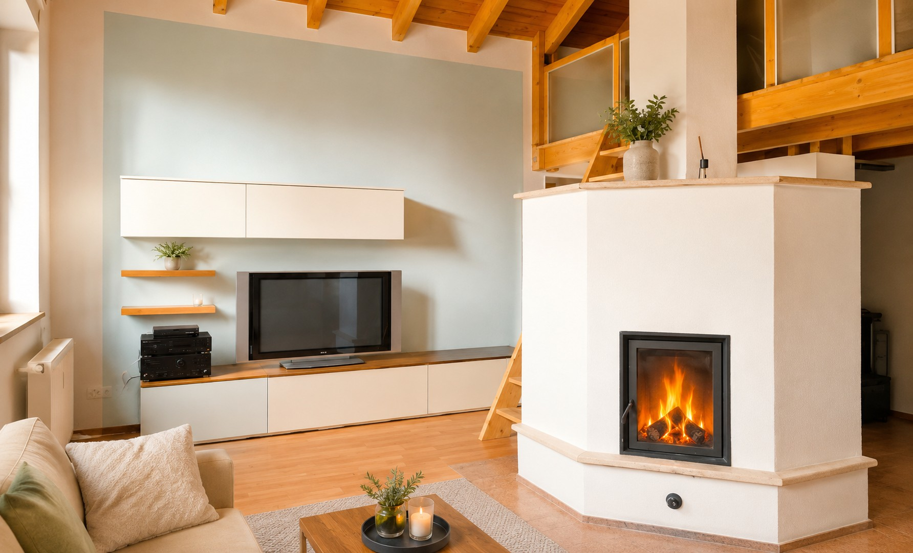 Wohnzimmer  mit Kamin +Galerie