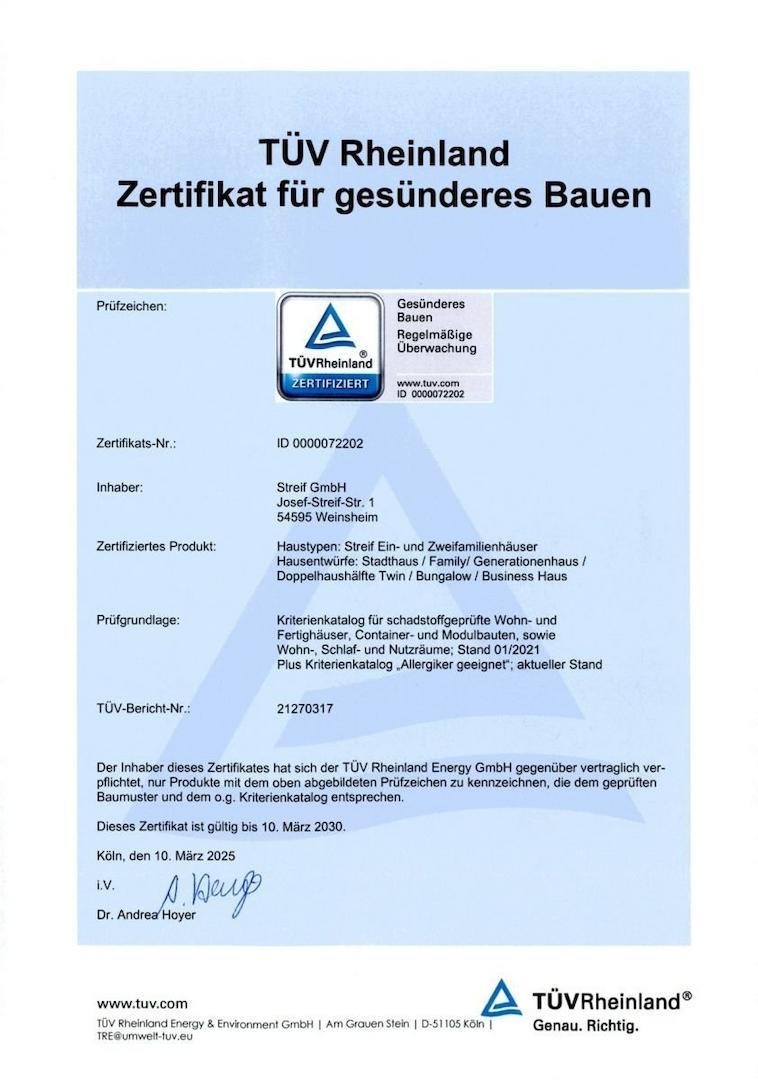 TÜV Zertifikat gesund wohnen