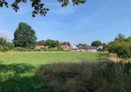 Blick auf eigene Wiese und Hof