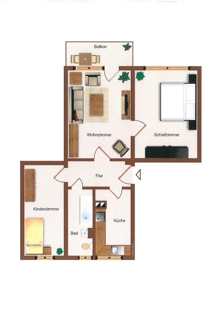 3-RW links mit Balkon