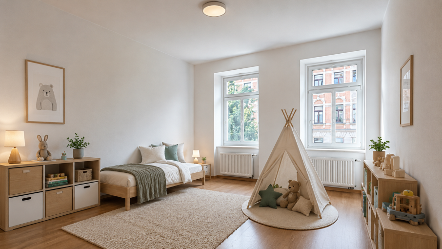 Leipzig - Mockau | Kinderzimmer  2  (Möblierung per KI generiert)