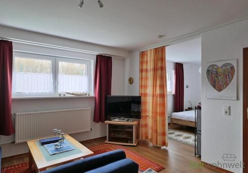 Blick zu TV und Schlafbereich
