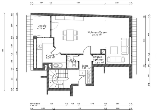 unten: Wohnzimmer, Küche