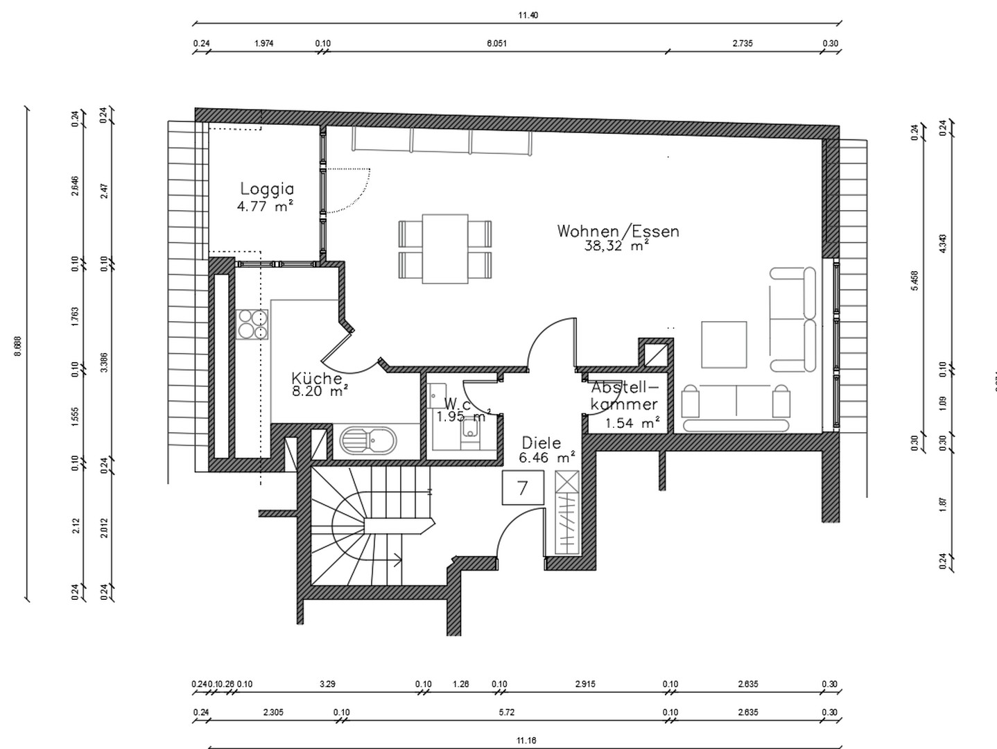 unten: Wohnzimmer, Küche
