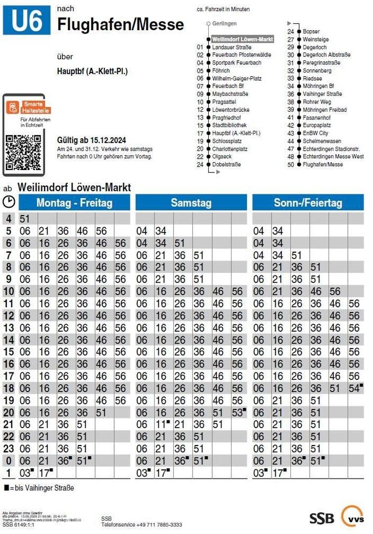 U6 Fahrplan zu S-Hbf Messe