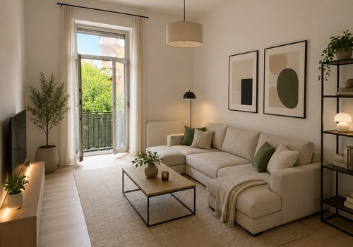 Wohnzimmer mit Balkon KI